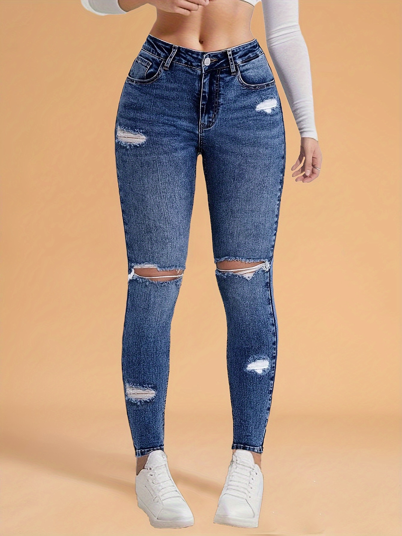 Ripped High * Skinny Jeans, Light Washed Blue Stretchy Sexy Distressed  Curvy Denim Pants, Women's Denim Jeans & Clothing