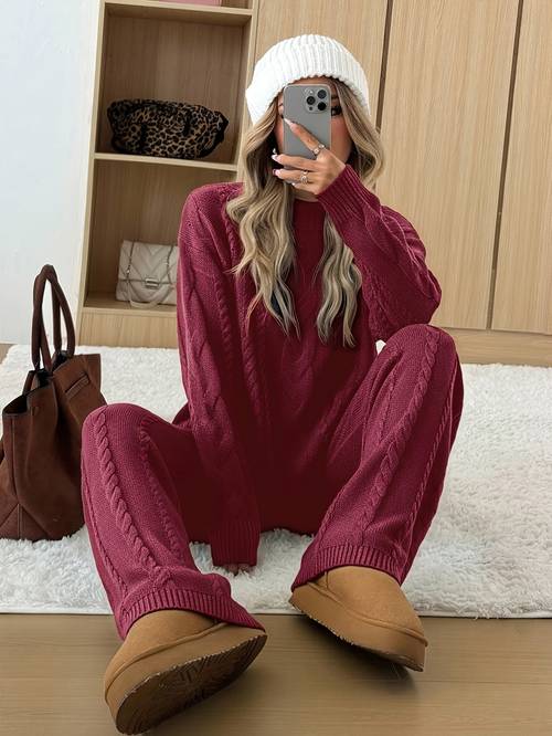 item picture bk260807036 fall winter long sleeve womens sweater wide leg pants fashion cable casual loose two piece set