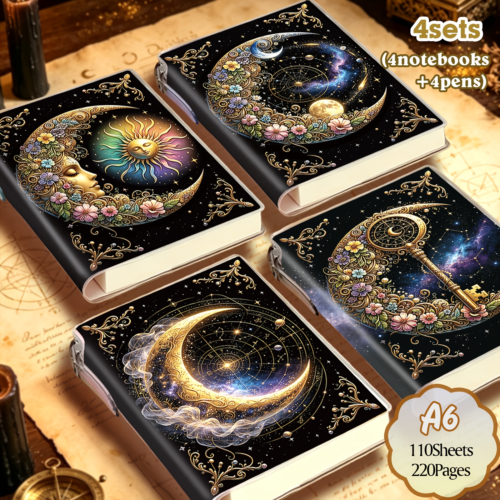 TEMU 1 Set/4 Sets, A6, 220 Pages, Vintage Mystical Astrology Notebook With Pen Included, Lined Notebook, Diary, Stationery, Portable Pocket Notebook,