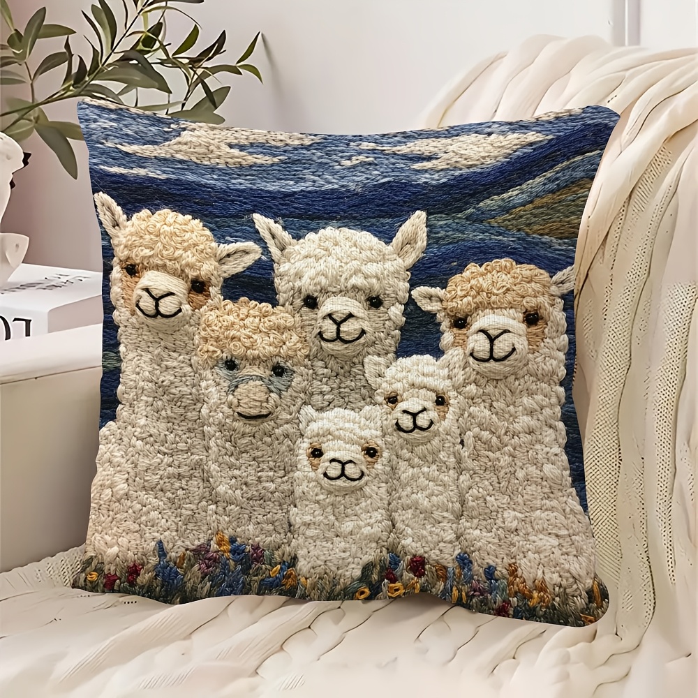 

1pc Vintage Alpaca Family Design 18x18 Inch Short Plush Pillow Cover, Double-sided, Hand Wash Only, Woven Polyester Decorative Throw Pillowcase For Bedroom And Sofa - Dcad0040