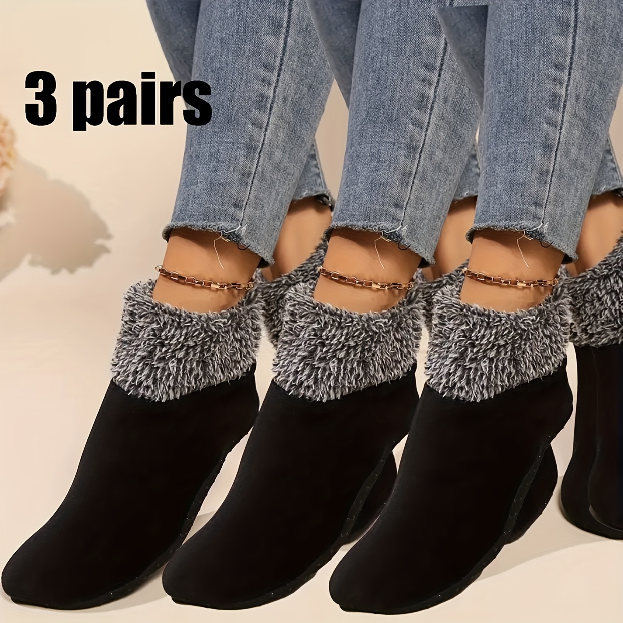 Image of Women's Comfortable Slipper Socks 3 Pairs - Polyester Knitted Fabric With , Non-slip Soles, Hand Washed - Warm Indoor Socks