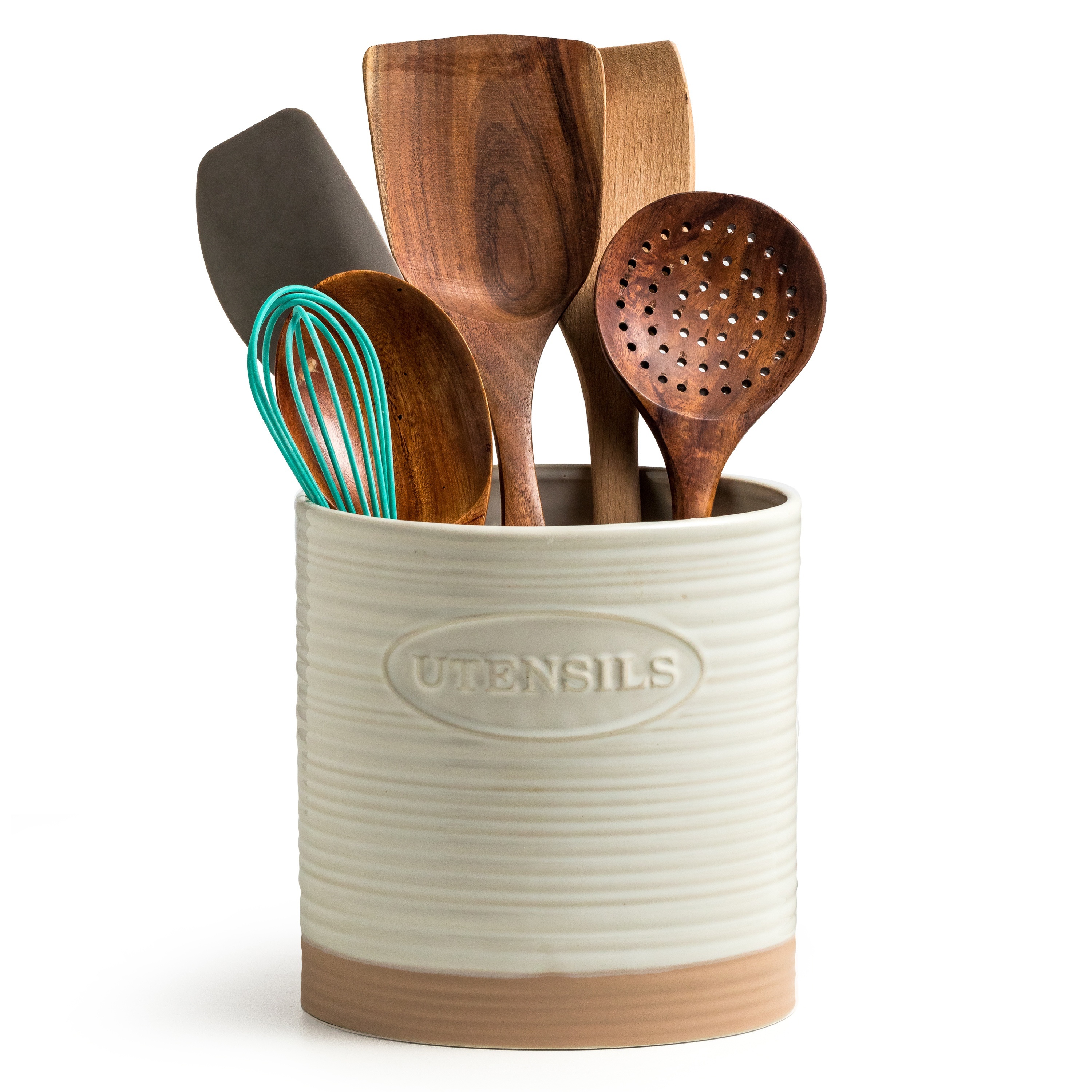 TEMU Utensil Holder For Kitchen Counter, Ceramic Kitchen Utensil Holder For Countertop, 6.7" Large Utensil Crock Oval Kitchen Tool Holder For Spatula