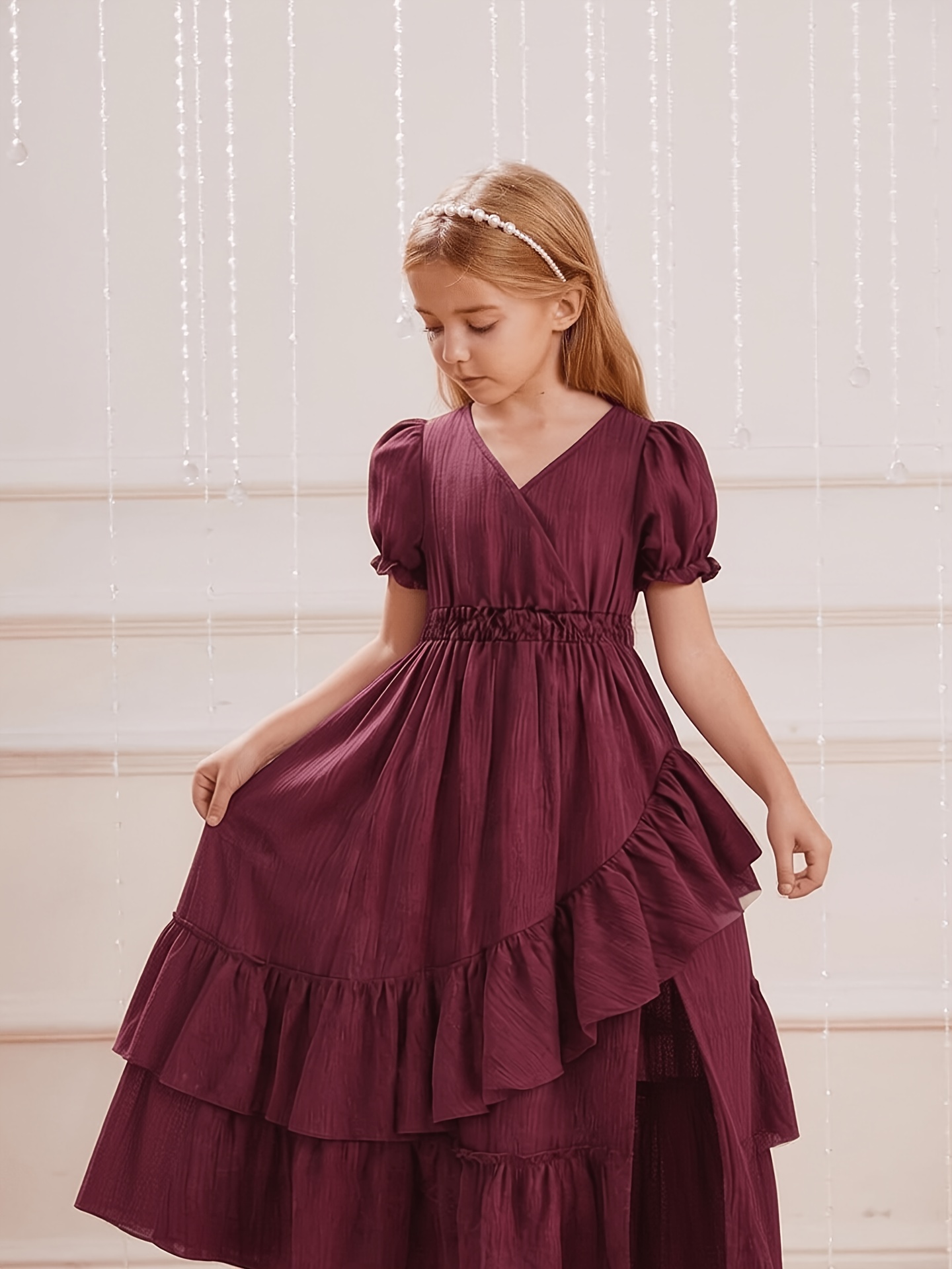 magenta v neck waist cinching dress puff sleeves ruffle hem - Temu Oman