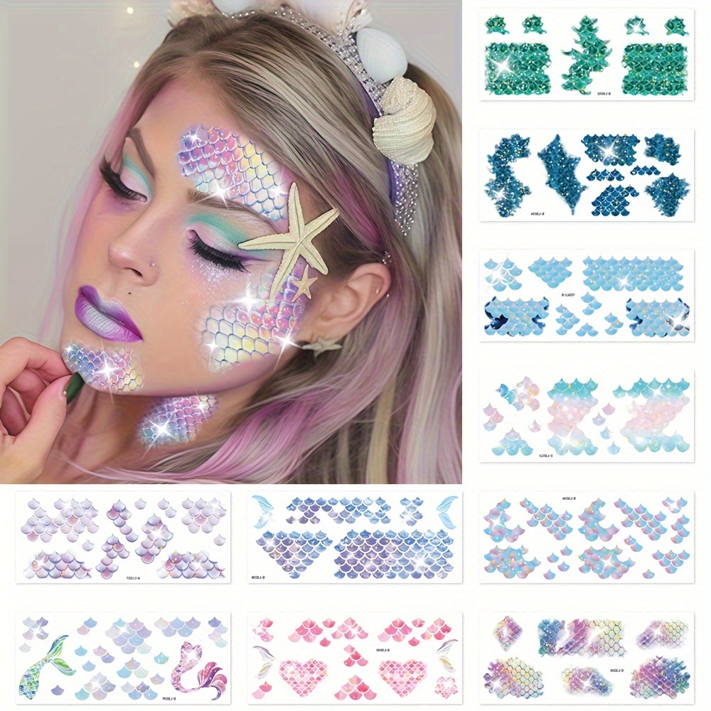 

Temporary Tattoo Stickers, 10 Pieces, Glitter Fish Scale Design, Waterproof And Removable Makeup Stickers For Face And Body