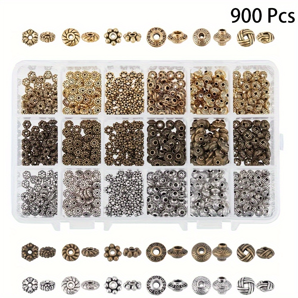 

900pcs Mixed Color Alloy Spacer Beads For Jewelry Making - 18 Styles In Organizer Box