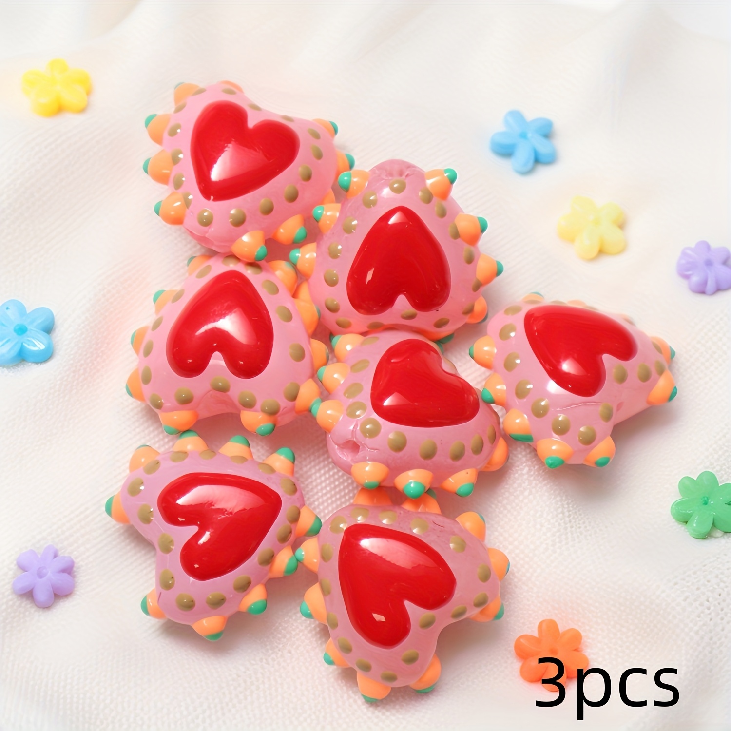 TEMU 3 Colorful Dotted Heart Glass Beads, Hand-painted Random Mixed-color Red Heart Style, Suitable For Diy Art Necklaces, Bracelets, Earrings, And
