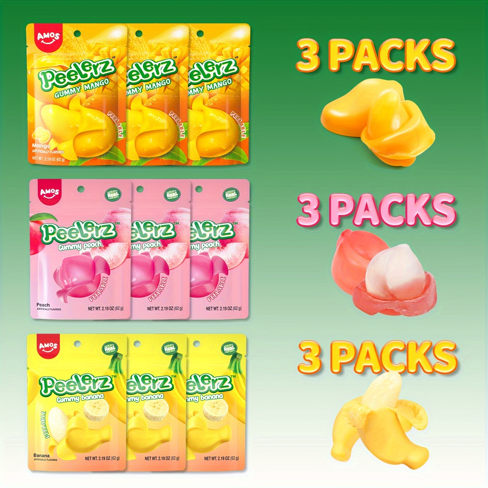 [Peelerz Gummy Candy] Amos 9 Packs Peelerz Peelable Gummy Candy Bundle - 3-Pack For One Flavor, Mango, Peach, Banana Variety Pack, 2.19oz Each