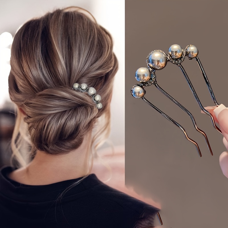 

Vintage Bun Maker Hair Stick Pearl Embellished - Alloy French Twist Hair Fork For Women, Elegant Updo Pin Hair Accessory, Suitable For Ages 14 & Up