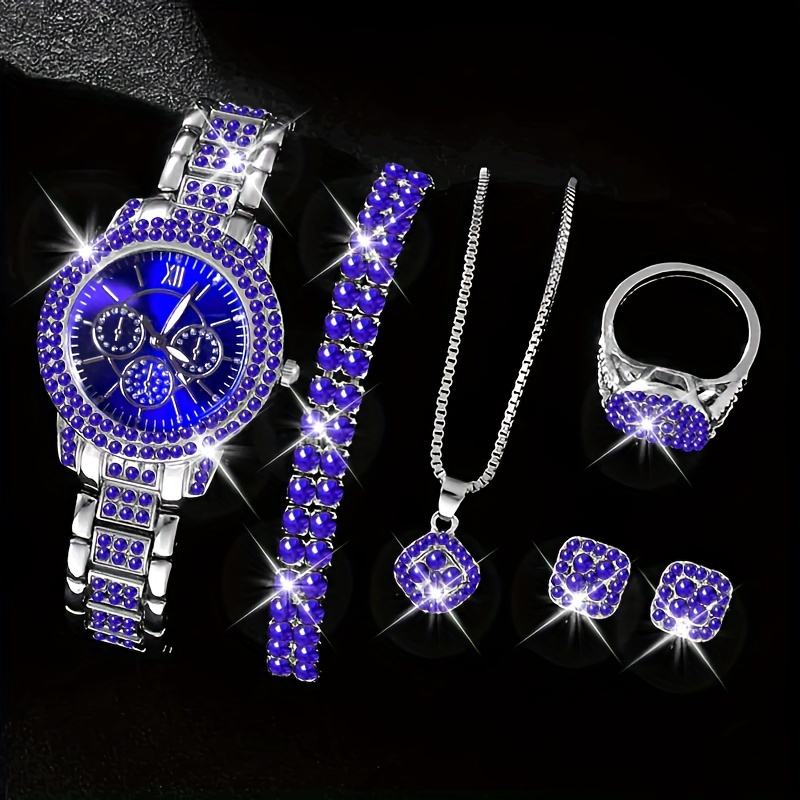 

6 Pcs Blue Round Rhinestone Quartz Watch Zinc Alloy Strap Zinc Alloy Pointer Zinc Alloy Case And Rhinestone Bracelet Necklace Earrings Ring Jewelry For Daily Wear & Parties