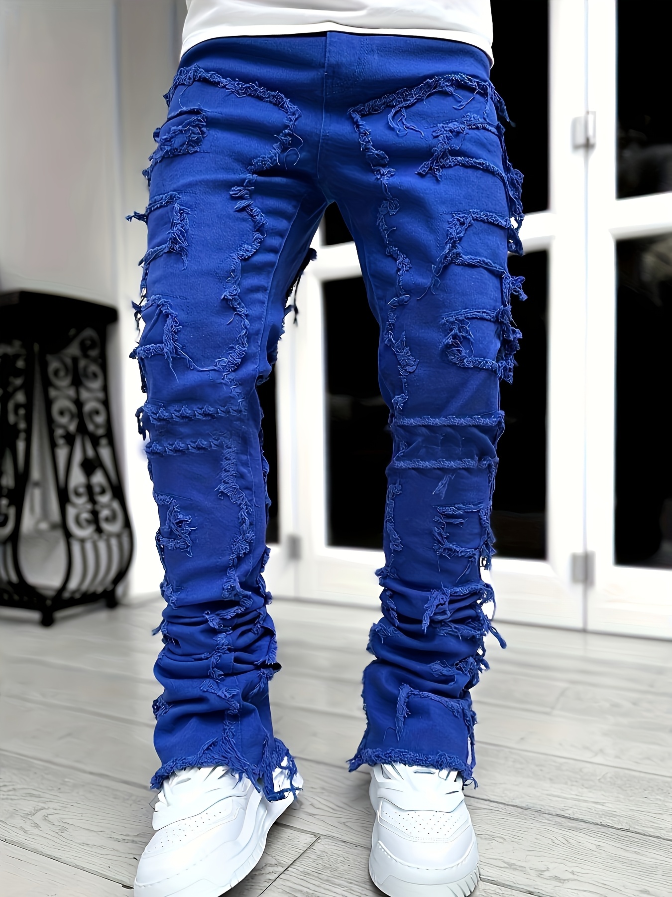 mens fit straight leg distressed jeans tassel details Temu - Main Image