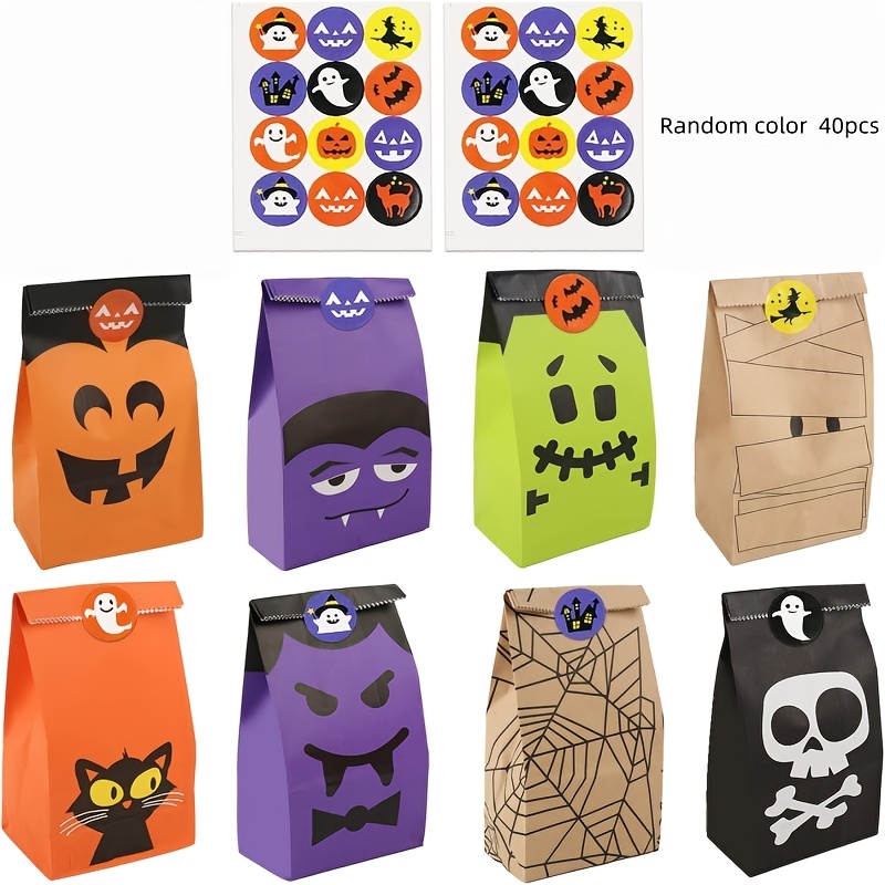 TEMU 40 sacs en papier d'Halloween avec autocollants pour emballage cadeau de farces, 8 styles aléatoires, décoration de fournitures de cadeaux