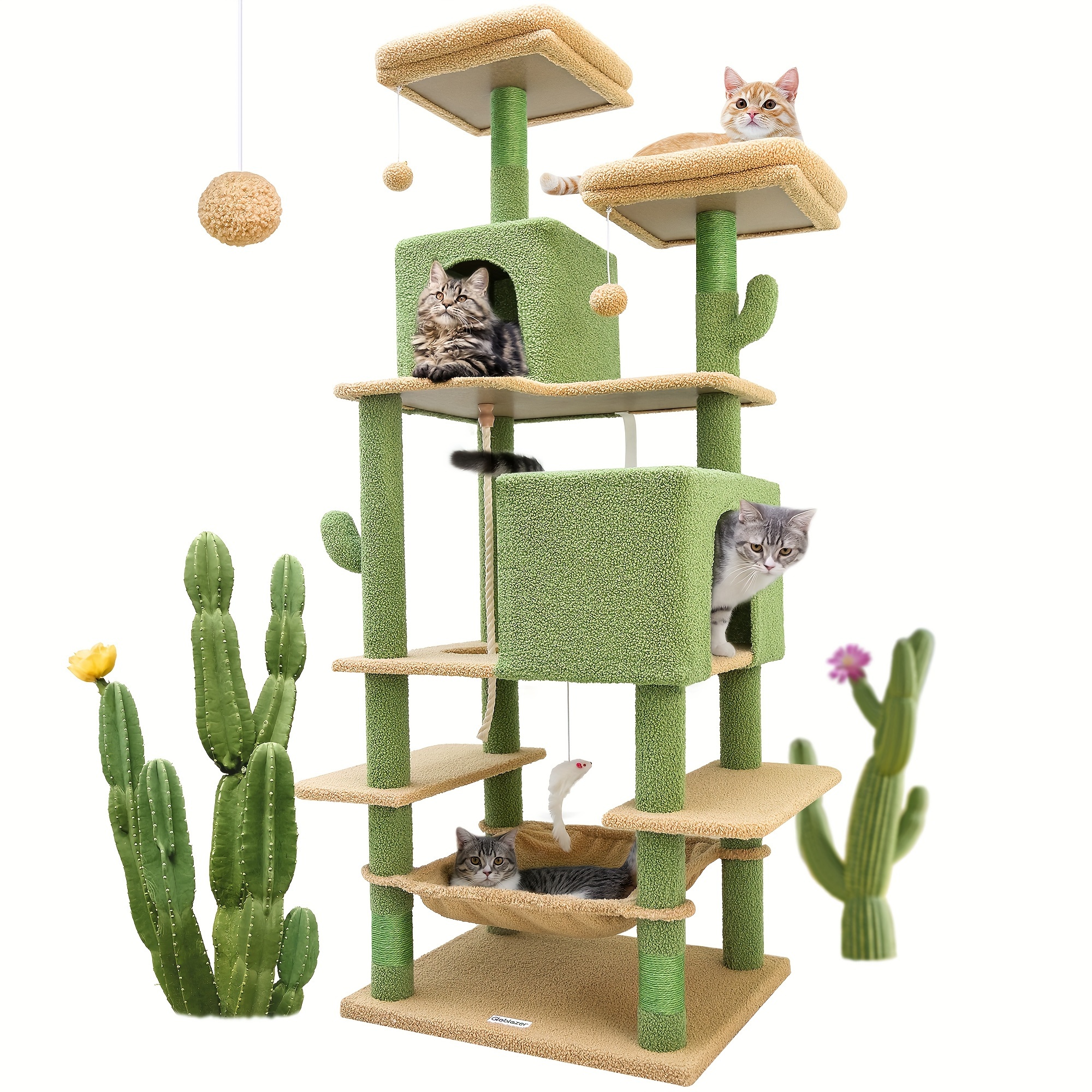 

F66 Cactus Cat Tree, Tall Cat Tower For Large Cats Multi Level Cat Condo With 2 Top Perch, 2 Cozy Caves, 4 Scratching Posts, Hammock And Hanging Balls For Indoor Adult Cats #globlazer