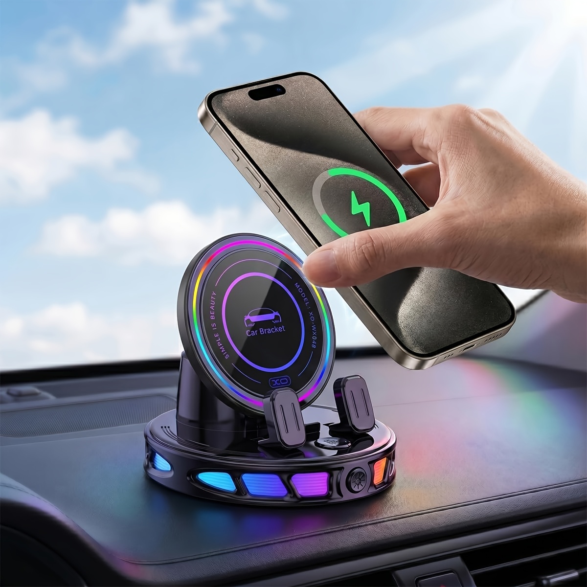 TEMU Car Phone Holder With Led Ambient Light, 360° Rotatable Dashboard Mount, Anti-slip , Universal Smartphone Stand For Gps Navigation, Driving,