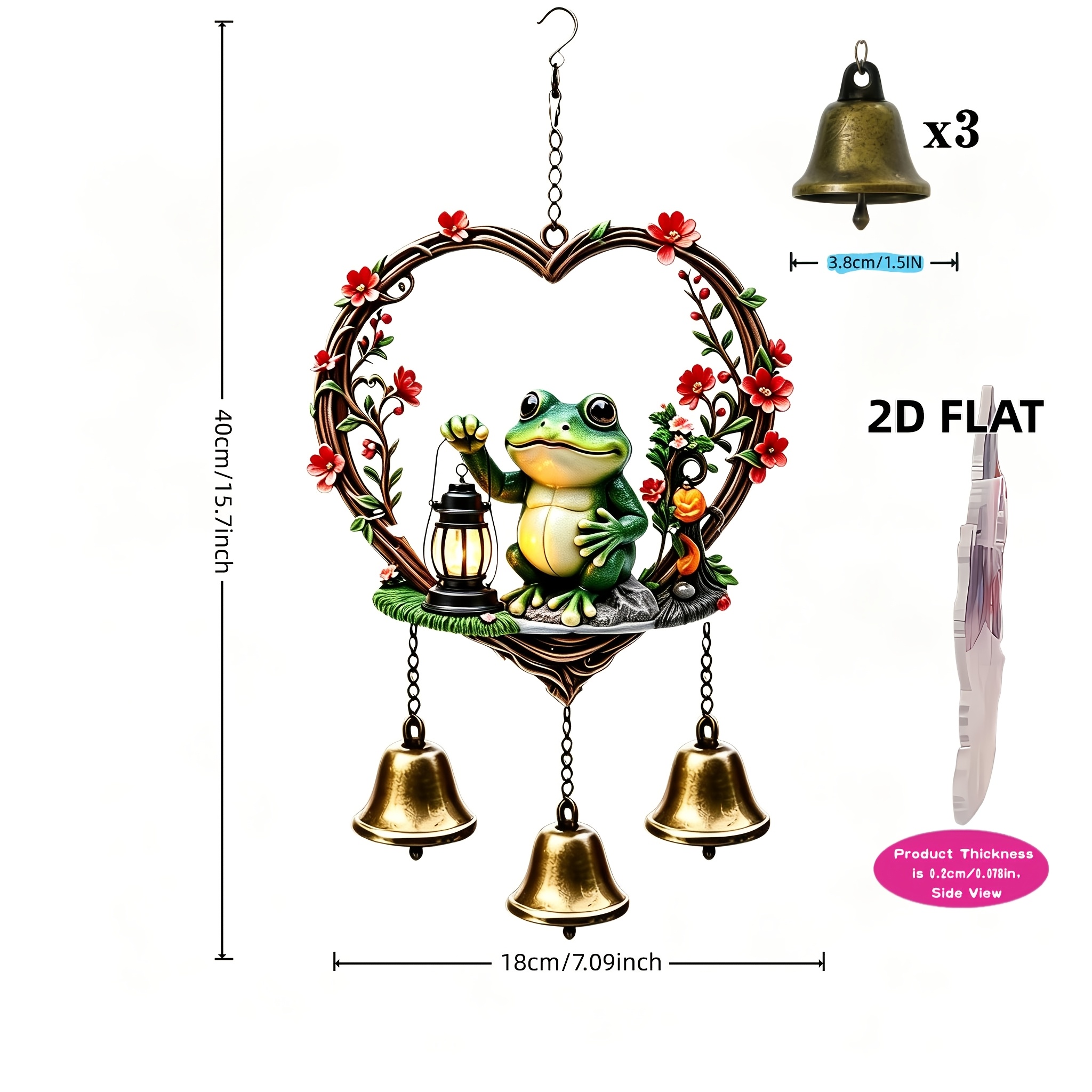 TEMU Handcrafted Metal Wind Chime Heart, Red Flower, Lantern, , And 3 Copper Bells. For Window Sills, Courtyards, , And Outdoor Hanging Decor. The