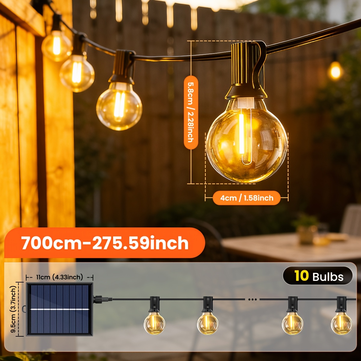 Image of Solar String Outdoor Patio Led Lights With Remote Control, 8 Light ,, Warm White Shatterproof Bulbs, Pub Christmas Party Decoration