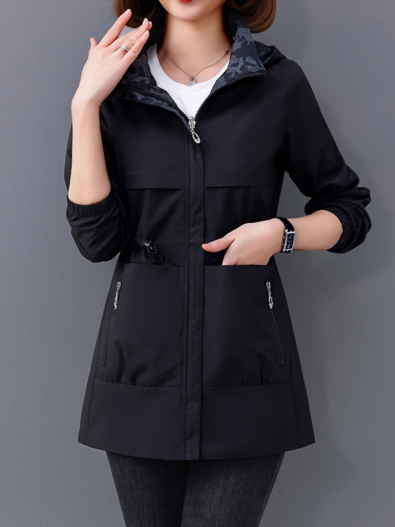 Chaqueta ligera de mujer Kesixsty, de longitud media, con estampado de doble cara, cintura con cordón, cuello alto, cierre con cremallera, chaqueta de viento casual para primavera/otoño, primavera otoño. Chaqueta minimalista. Chaqueta con cremallera.