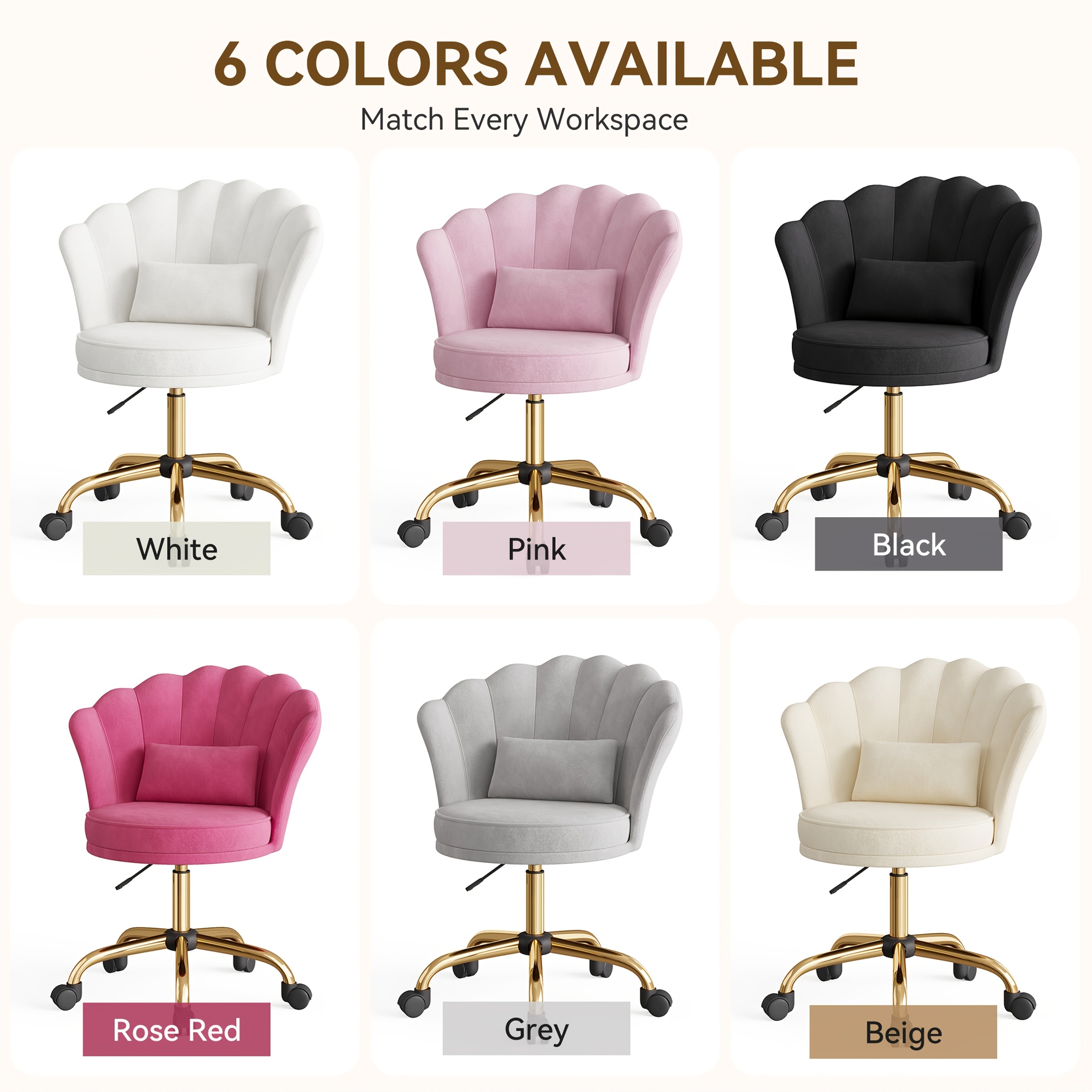 Girls' & Women' Luxury Velvet Tufted Vanity Chair with Wheels - Height Adjustable Upholstered Desk Chair Suitable for Bedroom, Living Room, Dressing Table, Soft Cushioning, No Assembly Required, Contemporary Petal for Home Office