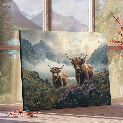 2d flat 2d flat framed canvas decorative painting two scottish highland cows in scottish swamp mural decorate bathroom decoration mardi gras easter