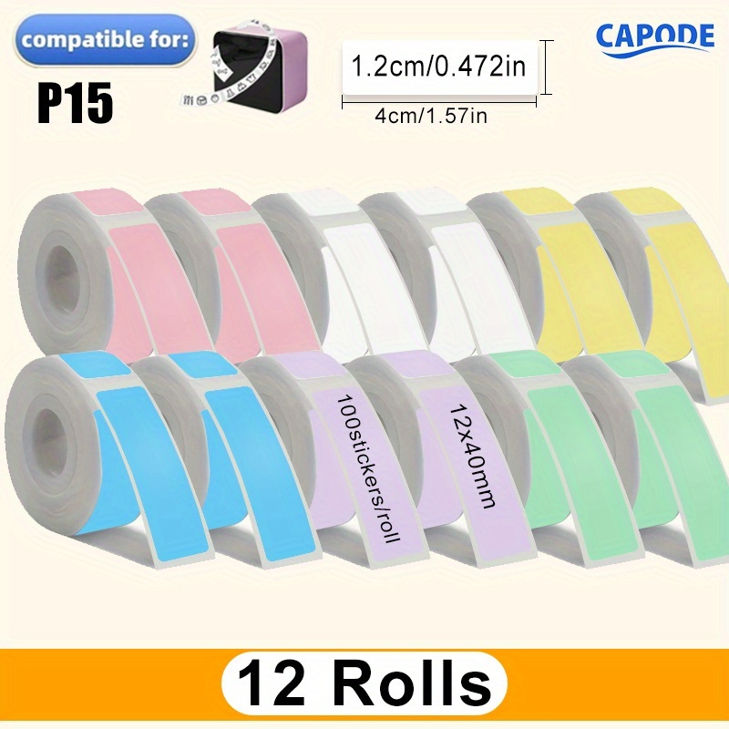 TEMU 12 Rolls Of Colored Self-adhesive Labels - Continuous 12x40 Mm (0.472x1.57 Inches) White , 100 Sheets Per Roll, Compatible With P15 Models,