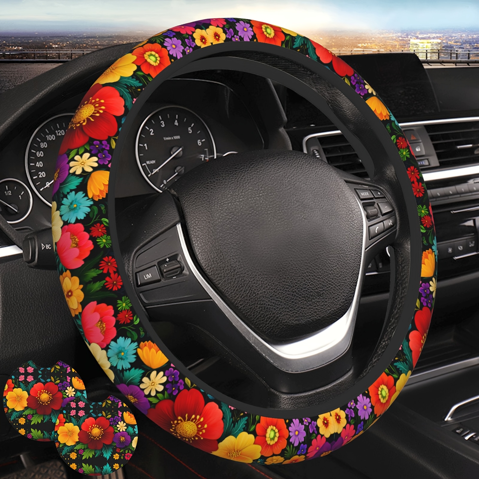 TEMU Colorful Mandala Stretchable Steering Wheel Cover 2 Free Coasters Included Universal 15-inch Car Steering Wheel Cover Non-slip, Comfortable Feel