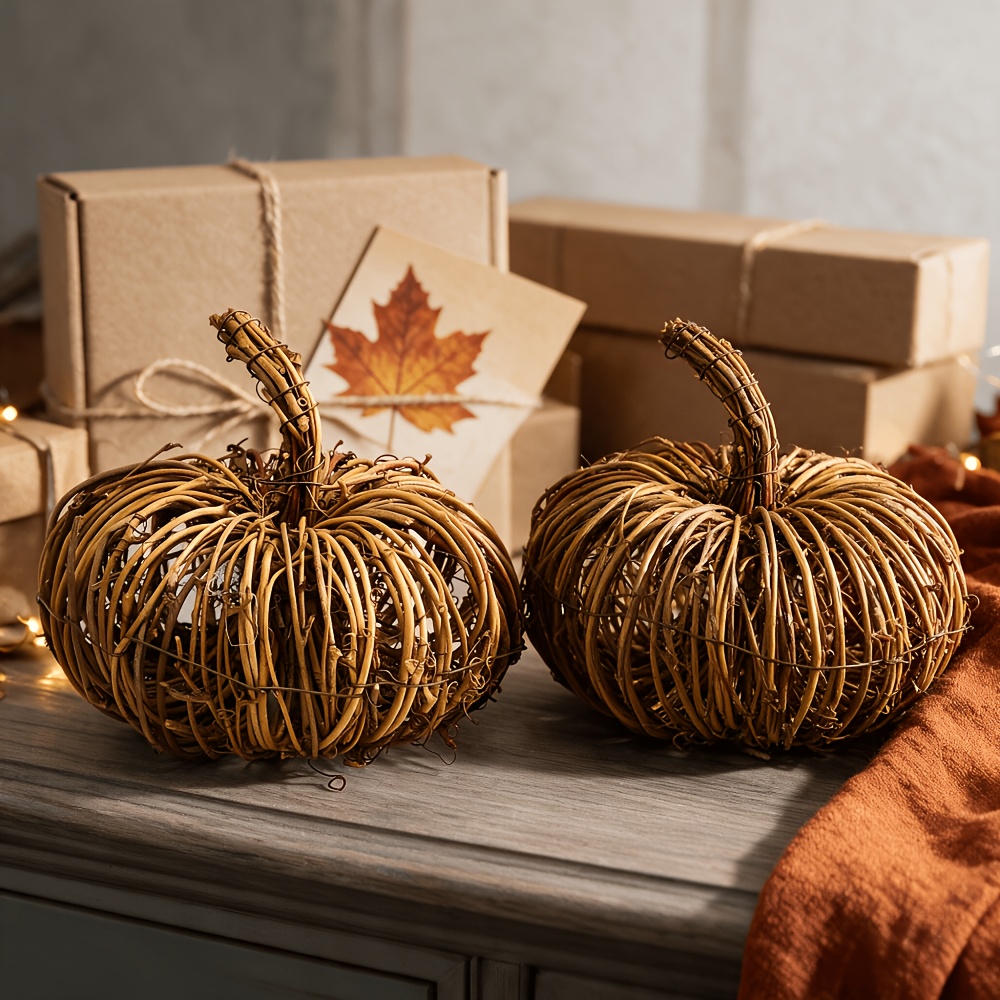 TEMU 5.5 Inch Handgeweven Druivenrank Pompoen Ornament, Boerderijstijl Herfst Oogst Tafeldecoratie, Dagelijkse Huisdecoratie voor Woonkamer, Open