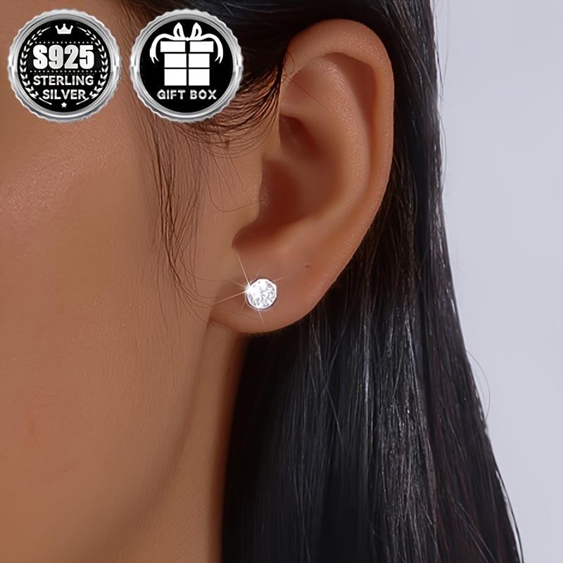 Classic Geometric Round Zirconia Stud Earrings 925 Silver No Plating