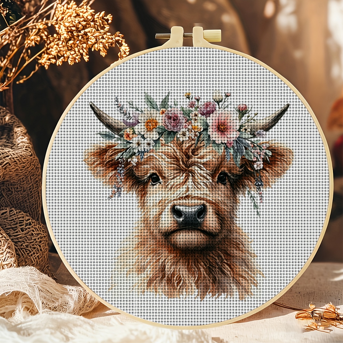 TEMU 1pc Round Diy Cross- Printed Kit With Embroidery Hoop, Featuring The "highland Cow With A Flower Crown" Design. Beginners' Relaxing Crafting