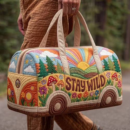 item picture bohemian vintage bus print travel tote bag featuring full coverage natural scenery and wild slogan vibrant with a a large capacity tote style suitable for short trips gym workouts or as a garment storage bag