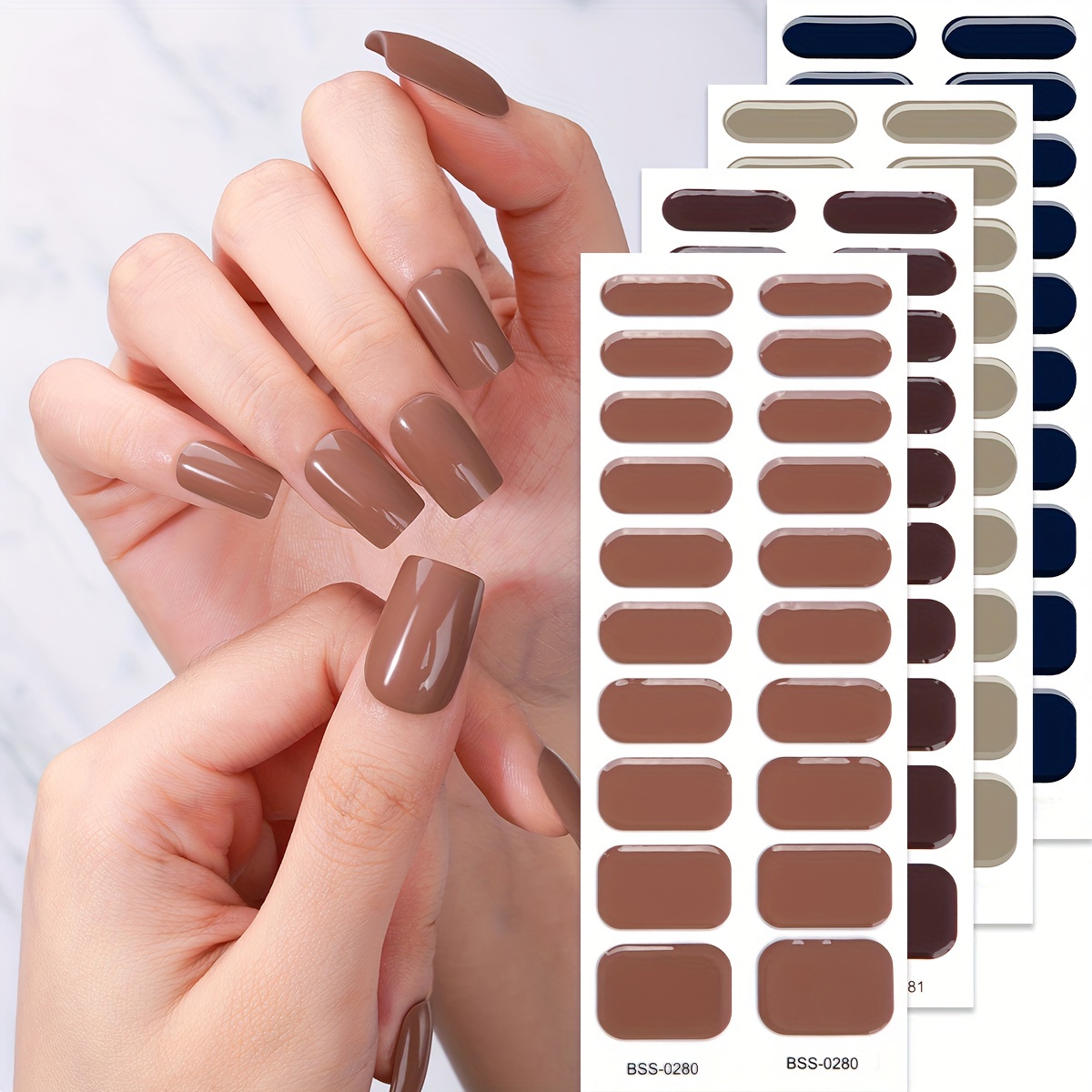 

80pcs Semi-cured Gel Nail Wraps In Brown & Navy Blue - , No Uv Lamp Needed, Includes Nail File - Diy At Home , Autumn Winter, Solid Color, Self-adhesive, Nail Stickers