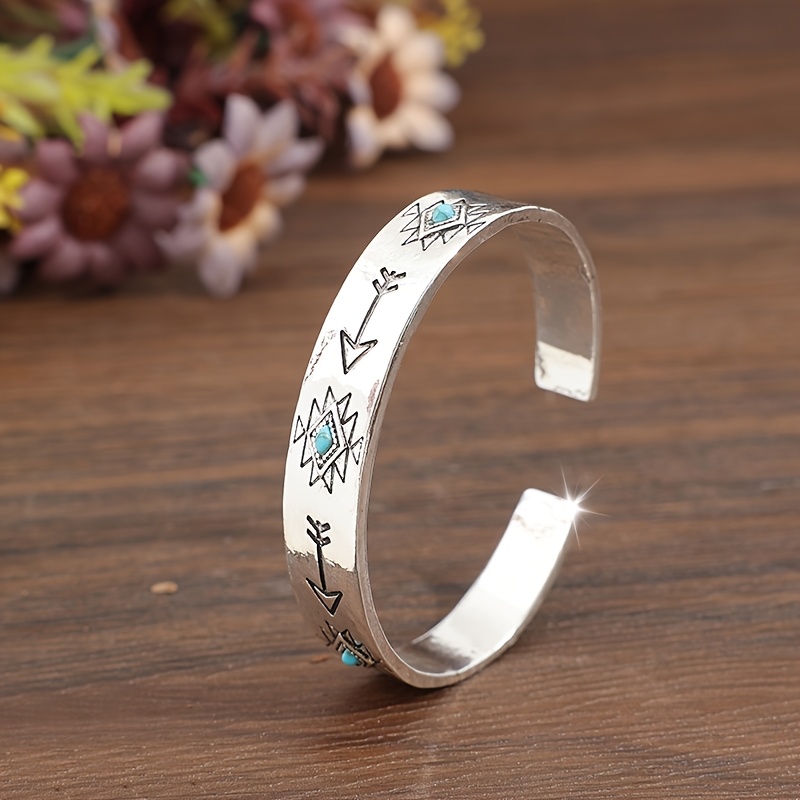TEMU 1pc Women's Bohemian Western Style Distressed Tribal Arrow Geometric Texture Inlaid Synthetic Turquoise Adjustable Bangle