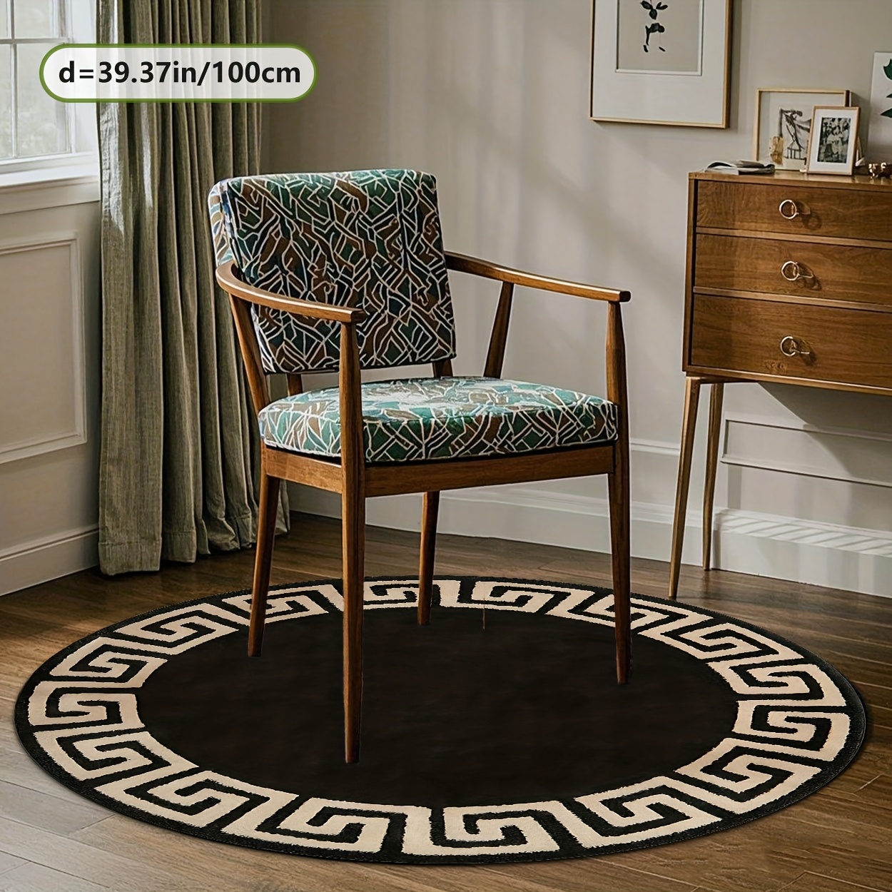 TEMU A Round Rug Made Of Velvet With Plastic Base, Featuring A Black Background And Cream-colored Greek Key Pattern. Suitable For Home And Commercial