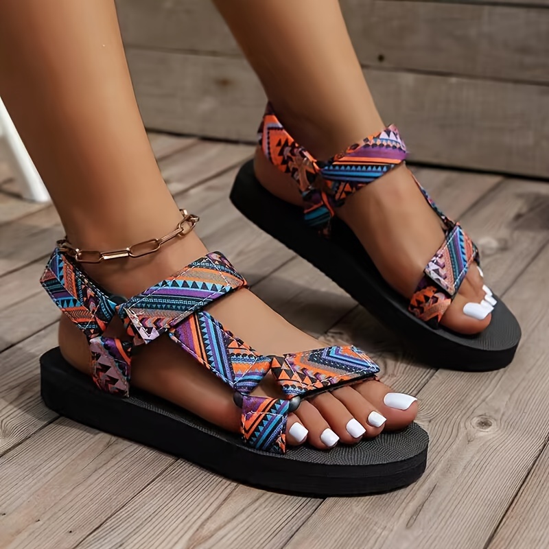 

Women's Geometric Pattern Platform Sandals, Summer Colorful Ethnic Style, Adjustable Ankle Strap Sandals