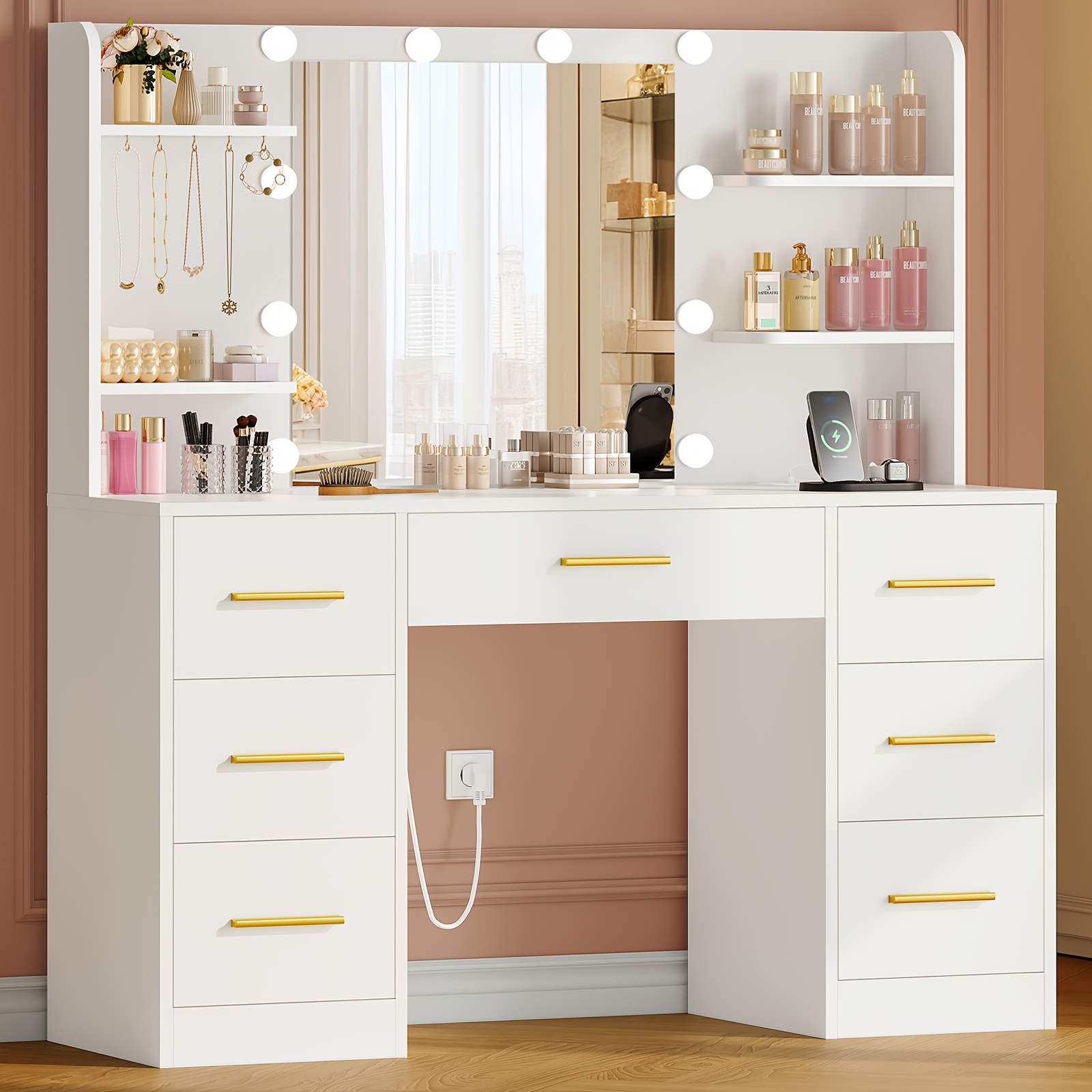 Image of Dressing Table With Led Mirror And Power Outlets & Usb Ports, Dressing Desk With Drawers & 5 Jewelry Hooks, For Bedroom White