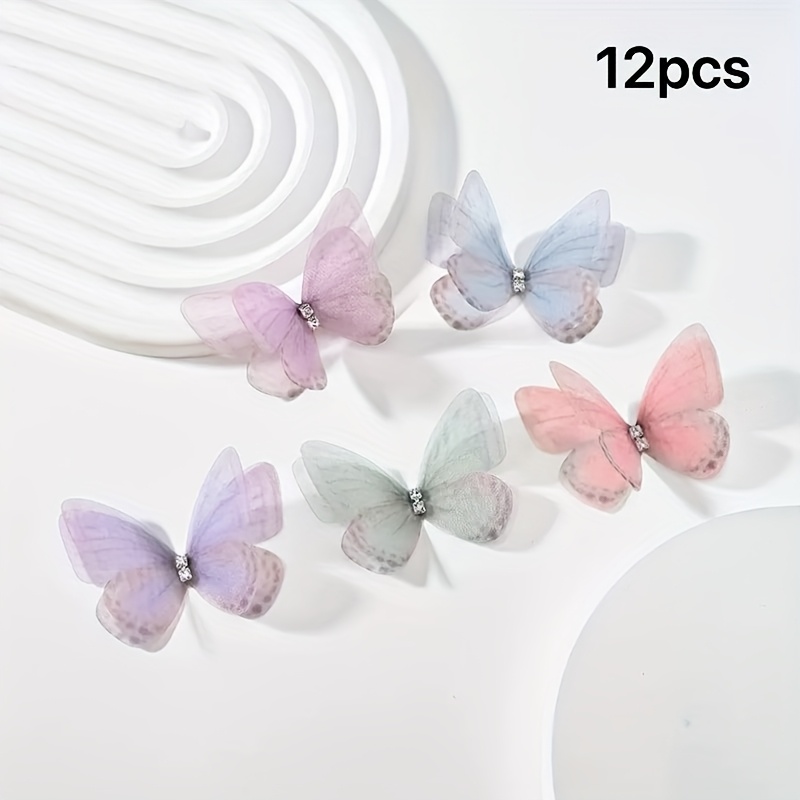 Image of 12pcs Mixed Organza Decorations With Shiny Details. Suitable For Weddings, Bridal Decorations, Crafts, Gift Wrapping, Scrapbooking, Party Decor, And Translucent Wings With Intricate Designs