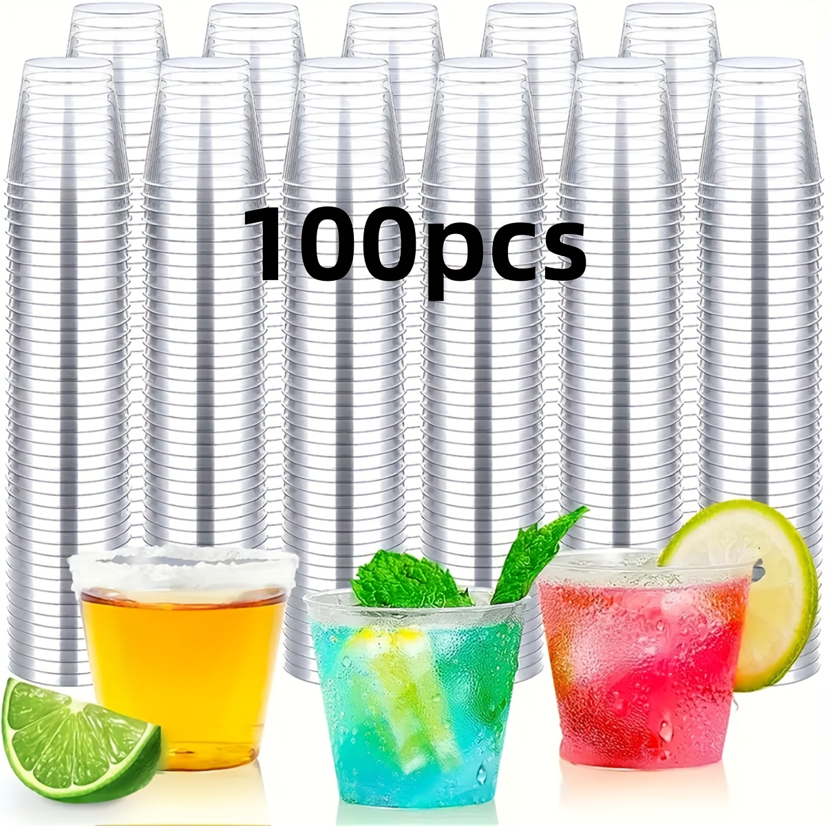 Image of Of 100 Clear Plastic Shot Glasses, Each Holding 1.5 Ounces. Ideal For Serving Cocktails, Sauces, Jellies, And Puddings. Sturdy And Reusable, Mini Cups Are Great For Parties, , And Everyday Use