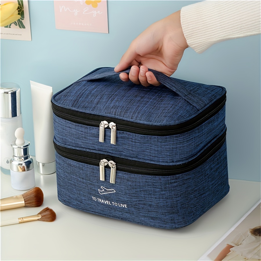 

1pc New Double-layer Makeup Bag, Large Capacity Portable Toiletries Bag, Thick Travel Storage Bag