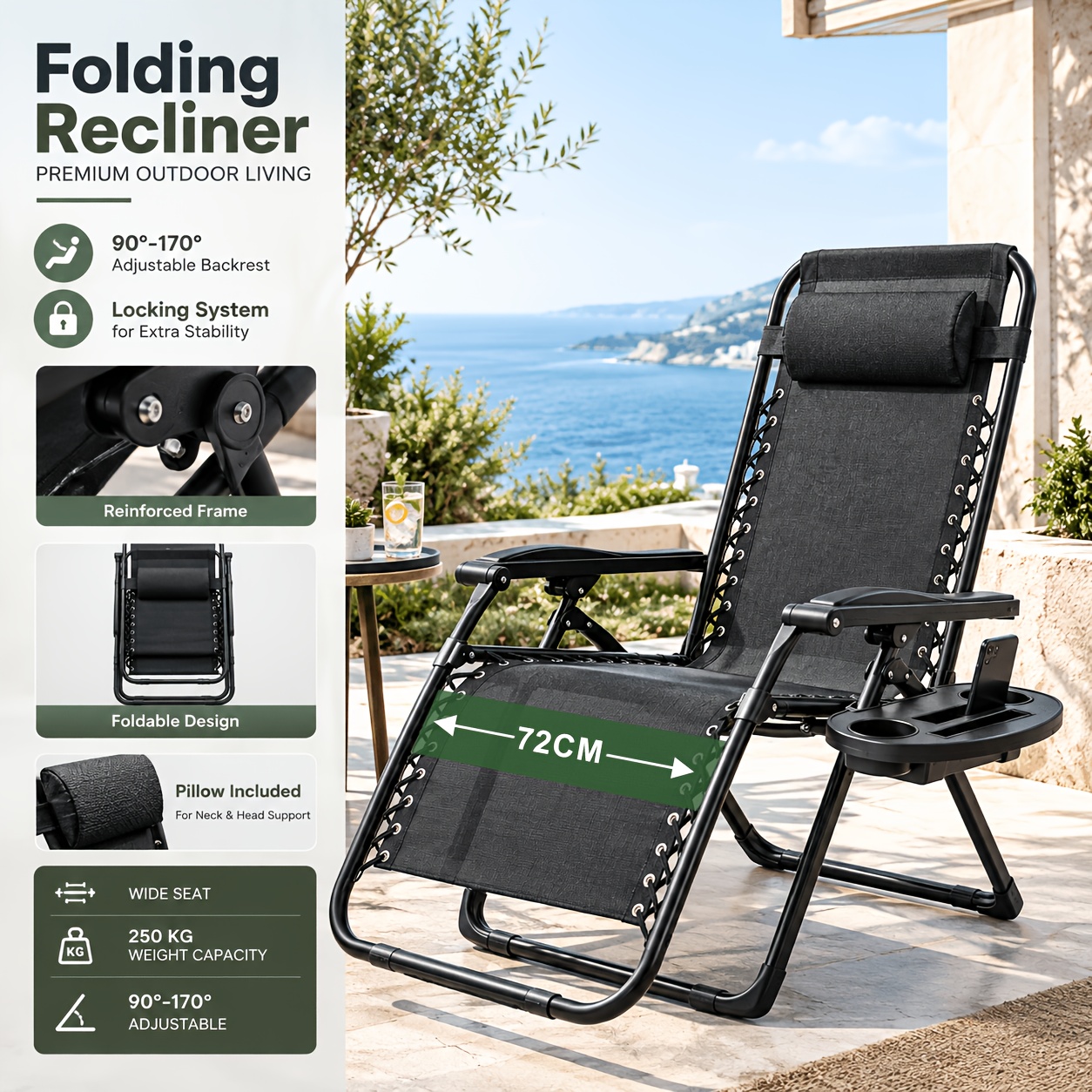 Image of 0 Gravity Folding Reclining Lounge Chair With Pillow And Cup Holder, 90 To 170 Degree Adjustable Backrest, Wide Seat, 250kg Capacity, For Patio Garden Poolside