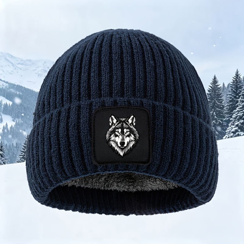 TEMU 1pc Knitted Beanie, Printed Knitted Beanie, Fashionable All-match Cloth Label Animal Wolf Head Pattern Knitted Hat, Autumn Winter Outdoor Warm