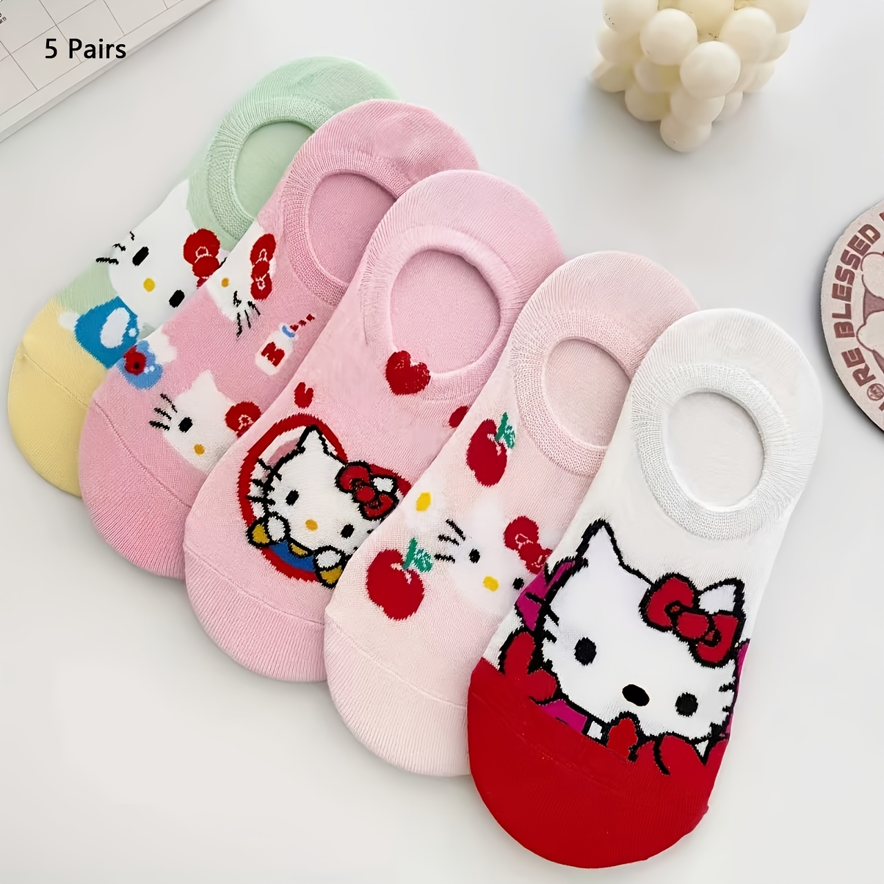 Image of 5 Pairs Hello Kitty No Show Socks For Women, Cute Kawaii Cartoon Invisible Liner Socks, Soft Breathable Non-slip Low Cut Casual Socks For Daily Wear