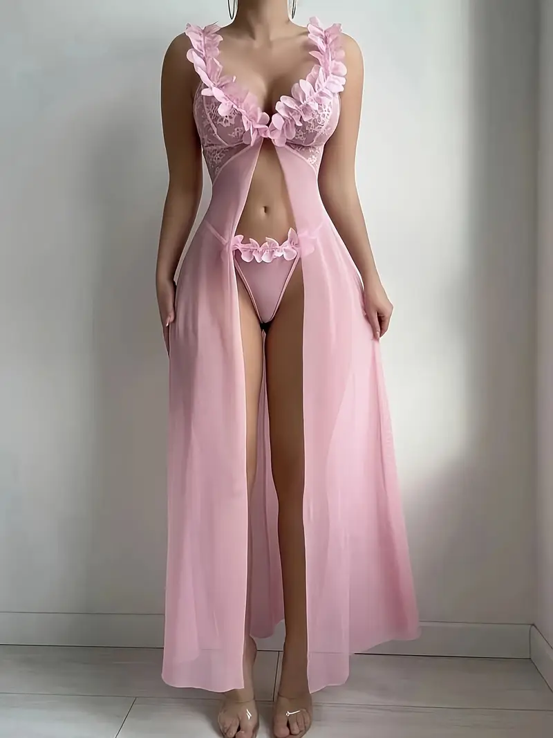 wedding lace splicing mesh three dimensional flower front button long nightgown 2pcs Product details 4