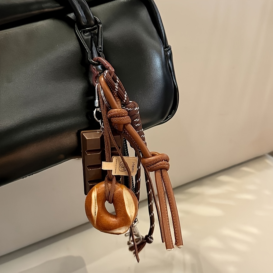 

1pc Punk Style Leather Keychain With Resin Chocolate, Pretzel & Donut Pendants, Yarn Rope And Tassels - Creative Fashion Accessory For Bags & Climbing, Sports Theme Ladies Key Ring