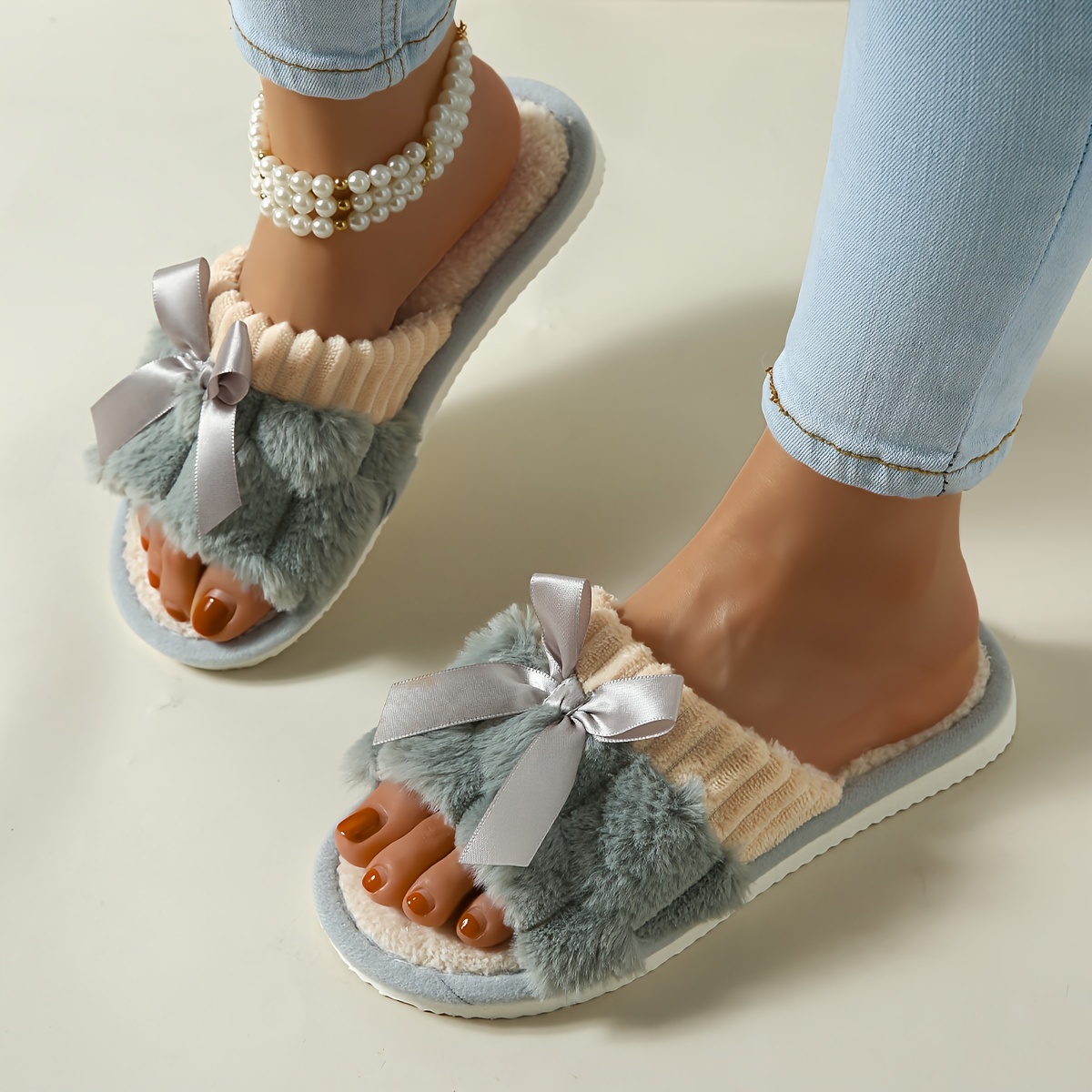 

' Bowknot Toe Fluffy Slippers, Slippers