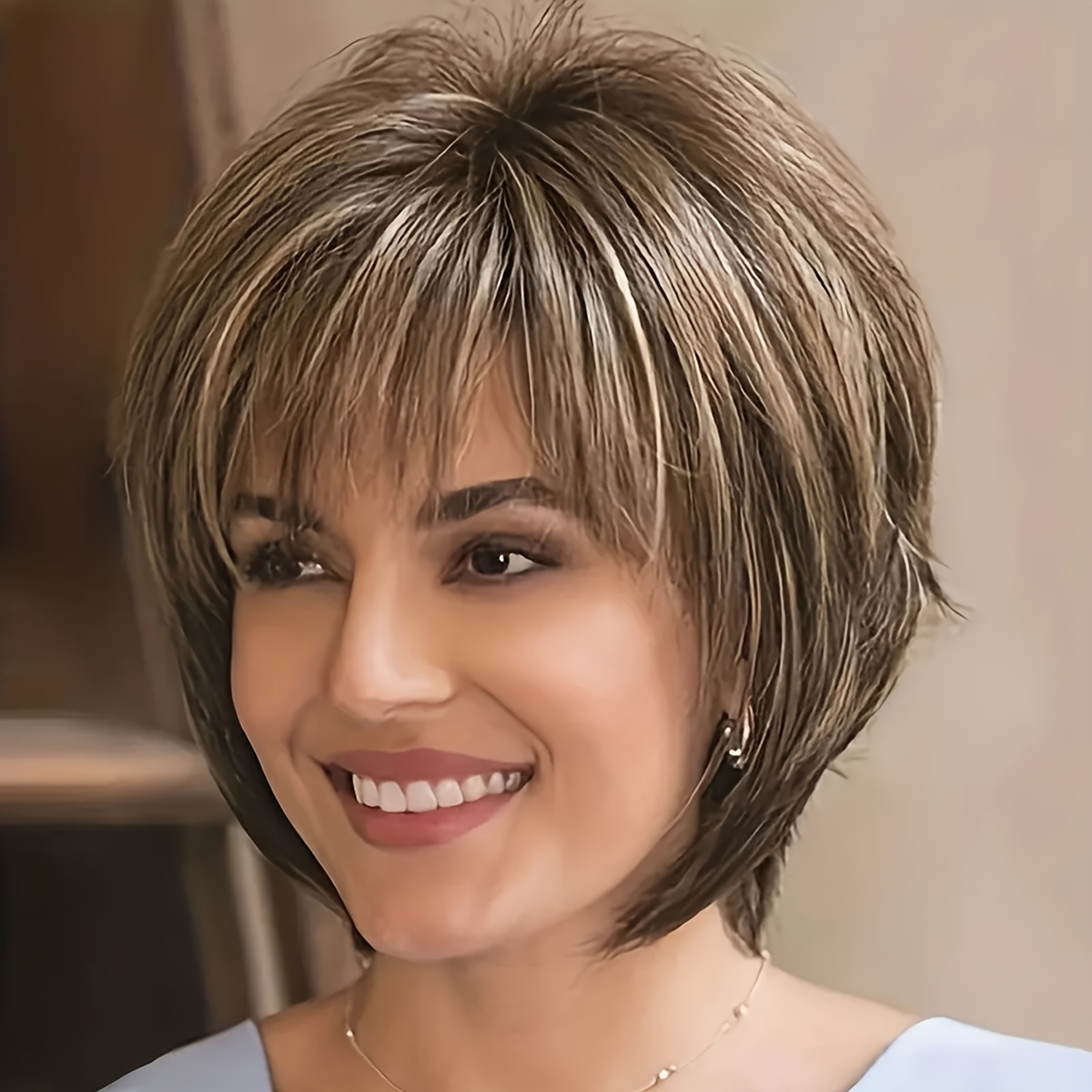 

Elegant Highlight Brown Pixie Cut Wig With Bangs - Heat-resistant Synthetic Hair For Women & Girls, Effortless Style
