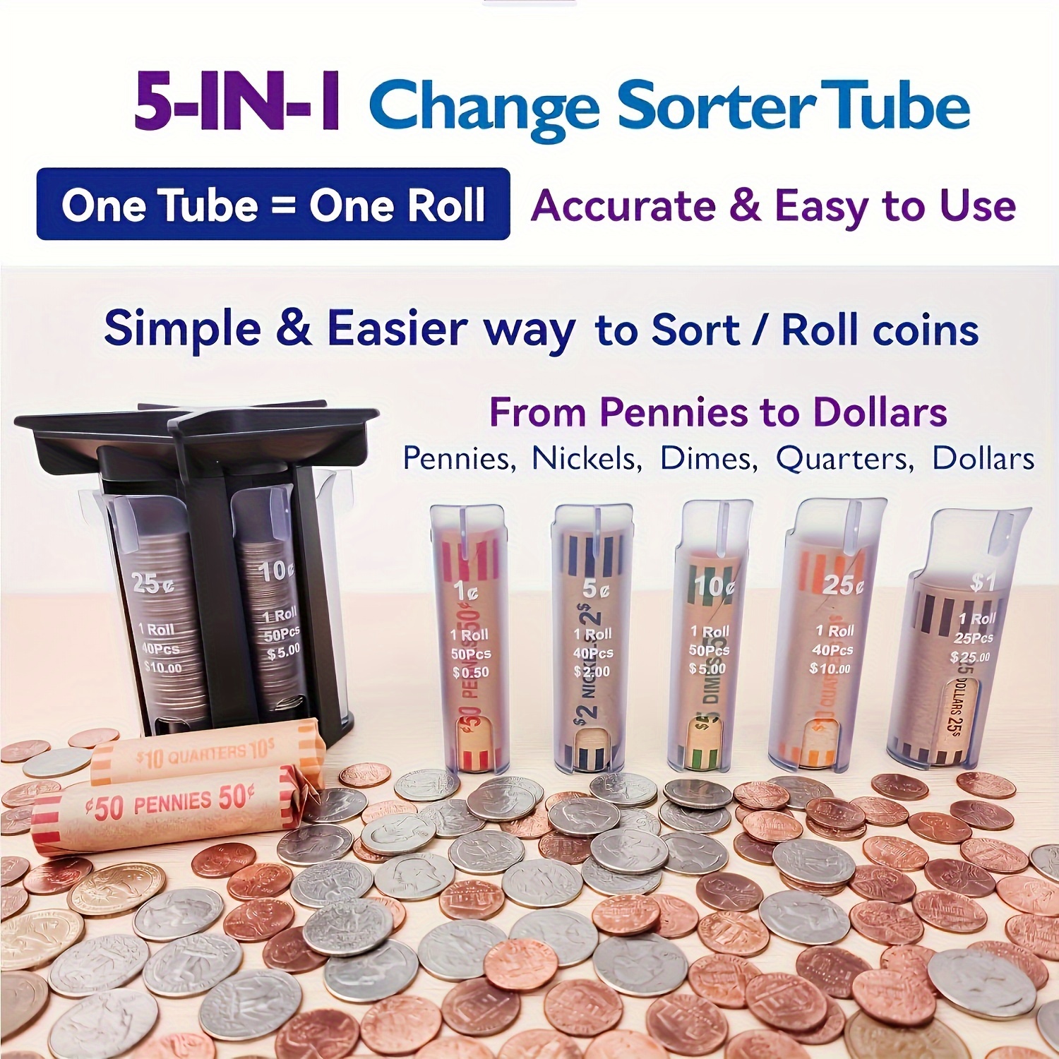 

5-in-1 Manual Coin Sorter Counter Tube System With Coin Roll Wrappers - Simple & Accurate Coin Organizing Solution For Pennies, Nickels, Dimes, Quarters, Dollars - No Batteries Or Electronics Required