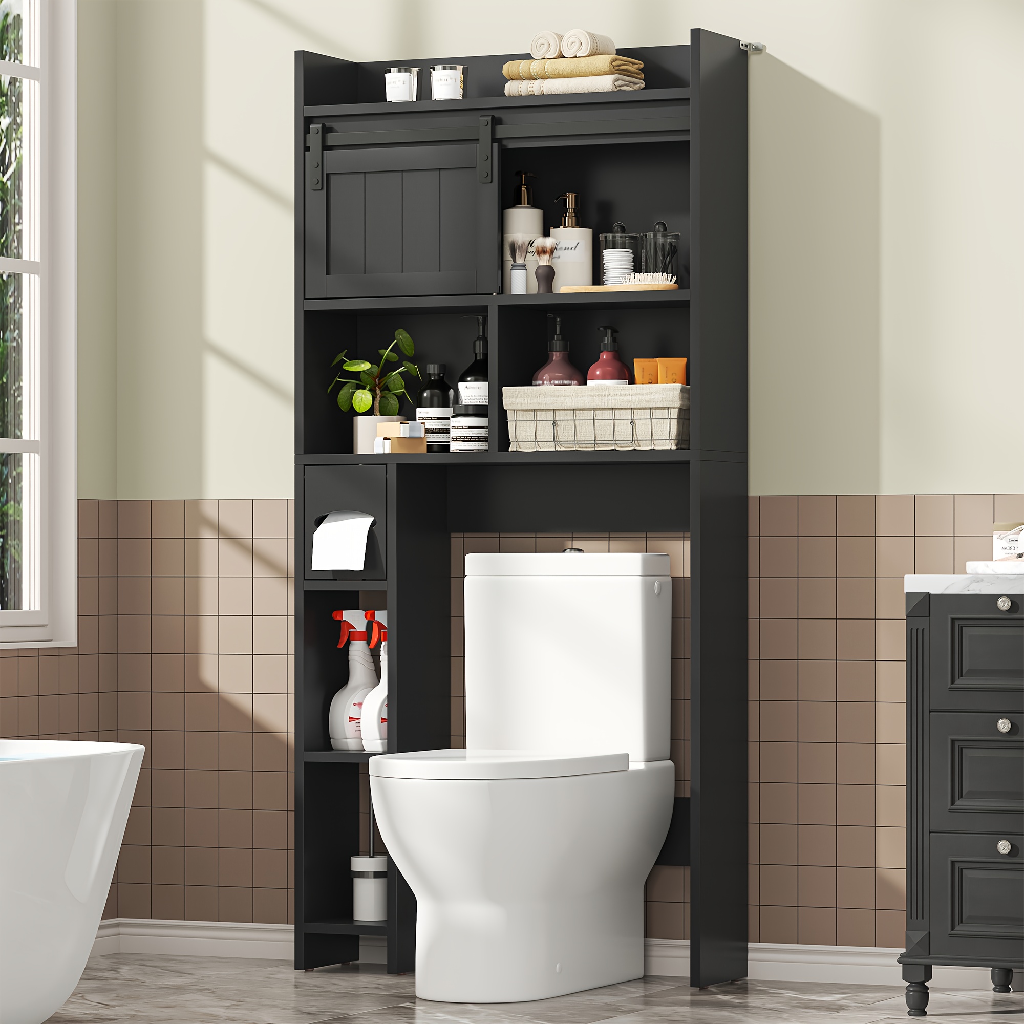 TEMU Free-standing Over The Toilet Storage Cabinet With 2 Sliding Doors & Toilet Paper Holder - -saving Shelf Unit, Assembly For Small Bathrooms,