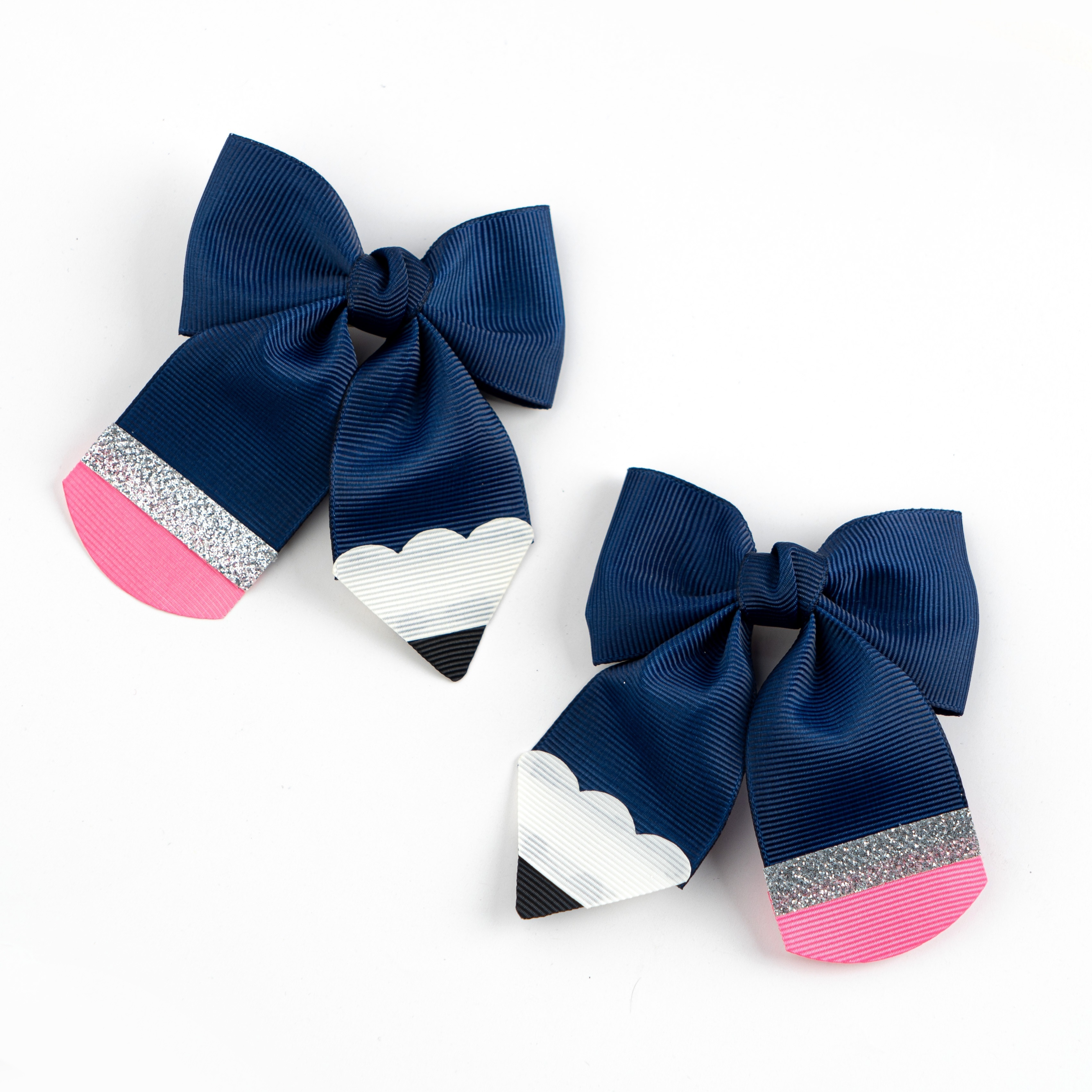 

2pcs Navy Blue & Pink Glitter Pencil Bow Hairpins - Ribbon, Design, - Ideal For & Casual , Perfect Back To School Gift