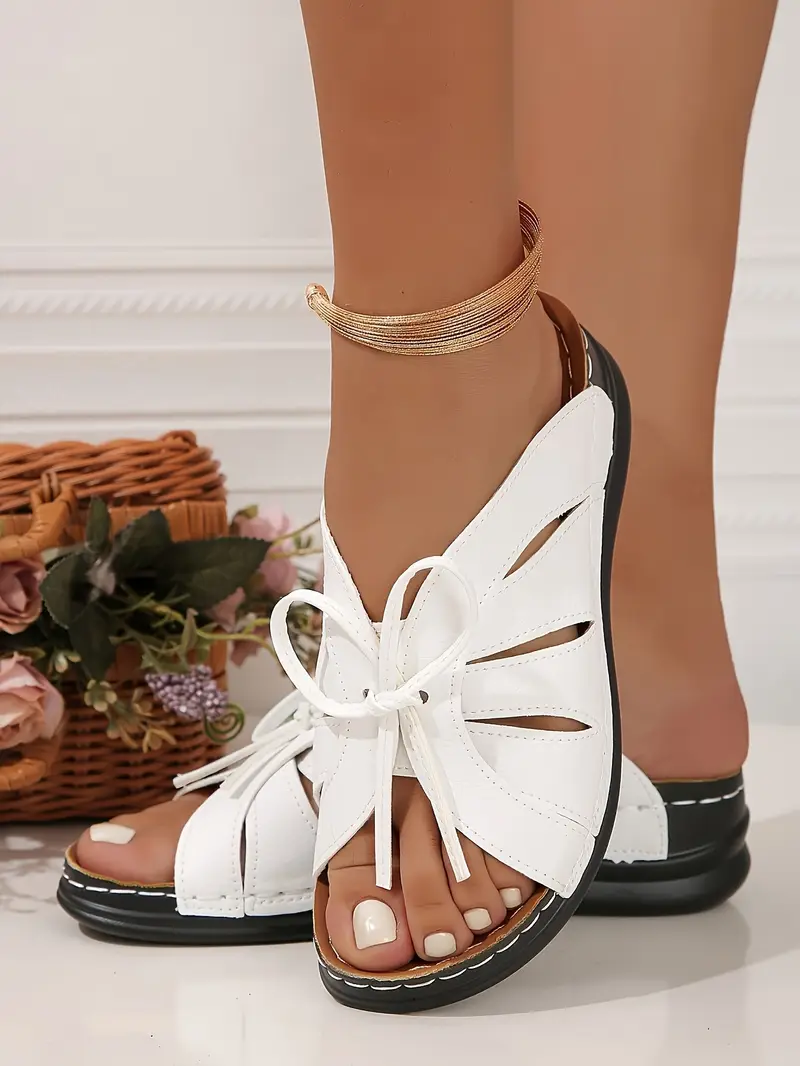 womens white wedge sandals with bow detail open toe summer slippers soft pu sole comfortable casual shoes for casual attire strappy sandals Product details 2