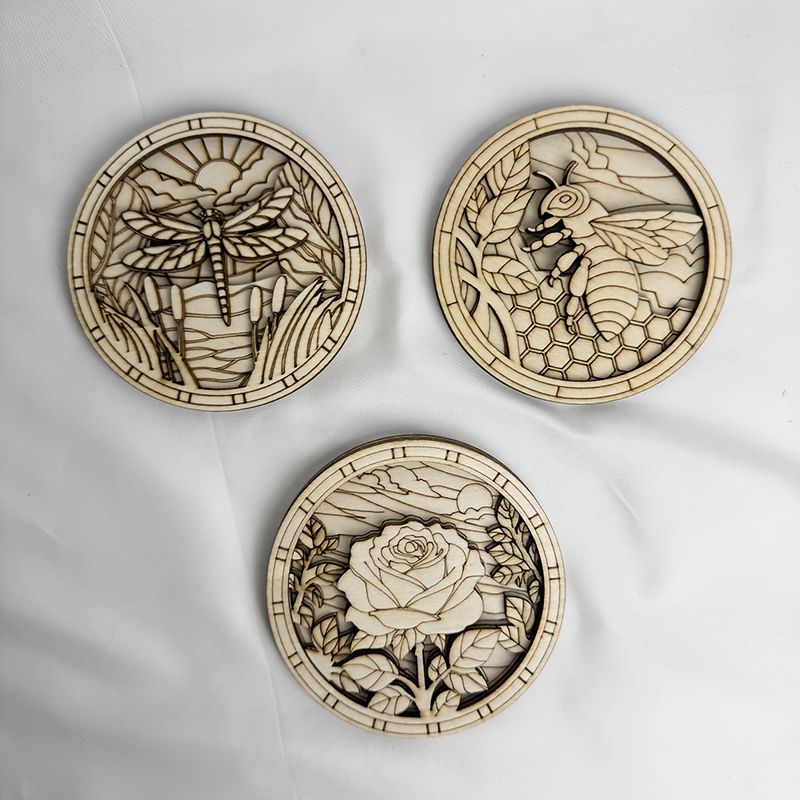 TEMU 1pc (3-layer) Wooden Art 3pcs Set, Dragonfly/flower/bee Paintable Wood Craft Kit, Laser Cut Layered Painting Kit, Creative Handmade Wall Decor,