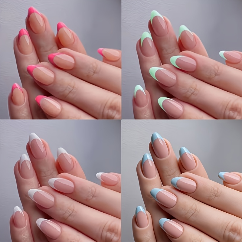 TEMU 120pcs Short Almond French Nail Tip Set, Blue, Green, Pink, White French False Nails, 15 Sizes Glossy Full Cover Detachable Fake Nails, Suitable