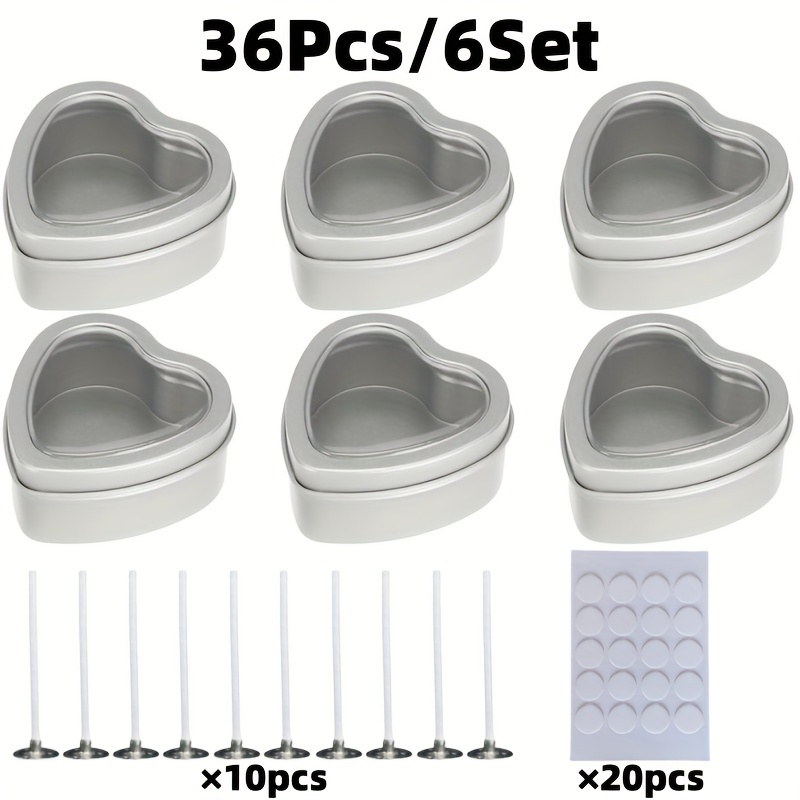 Image of 36pcs/6set Heart Shaped Candle Tins - With Clear Window Lids, Tinplate Empty Candy Tins Party Favors Storage Box Container For Gifts , Candle Making, Diy, Crafts